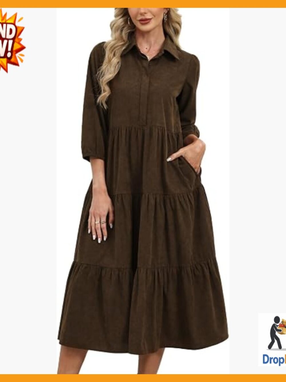 Corduroy Maxi Shirt Dress Button Front Flowy Tiered Ruffle Hem 3/4 Sleeve
